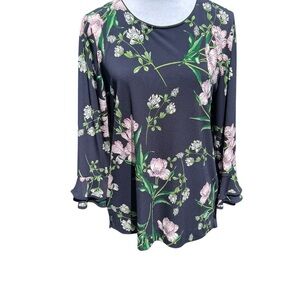 KARL LAGERFELD Navy and Pink Floral Blouse Ruffle Sleeves Womens Medium